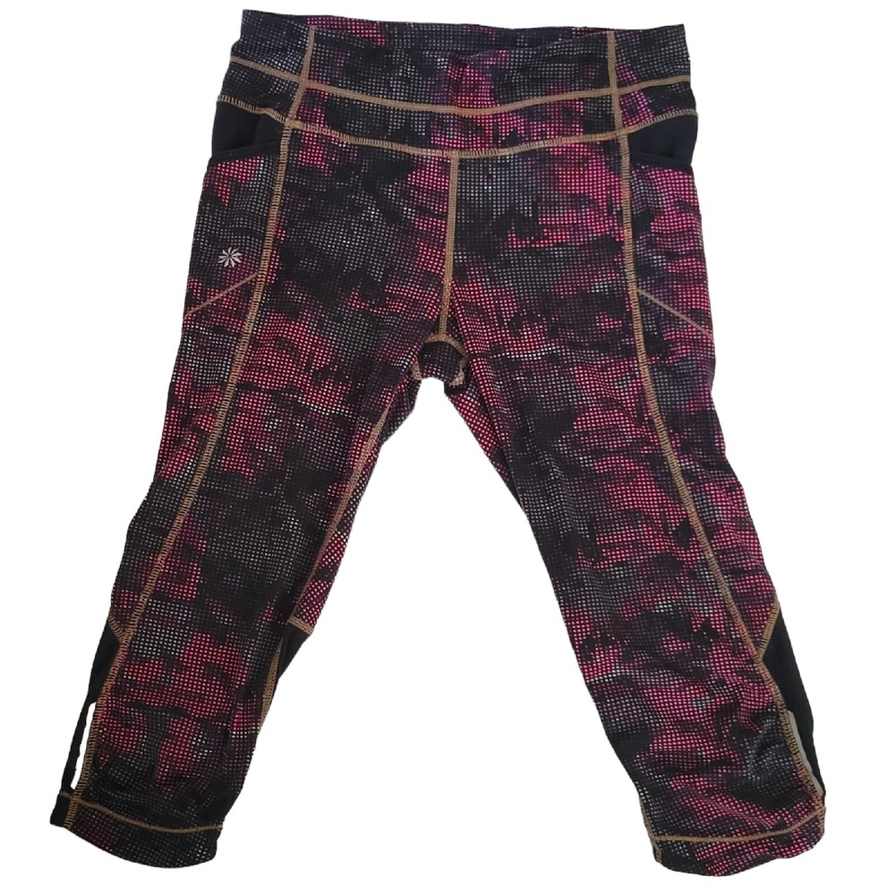 Athleta Cropped Leggings Small Purple Dot Maze Be Free Zip Pocket Reflective
